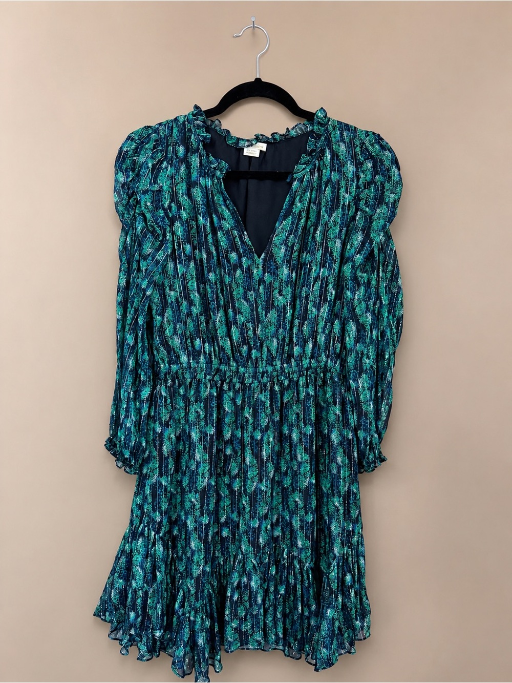Shoshanna Teal and Navy Printed Long Sleeve Dress